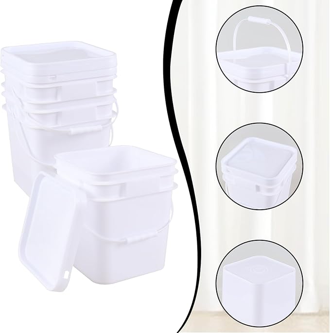 4 Pack Food Plastic Utility Pail with Lid and Handle, 3 Gallon Square Buckets for Storage Food, White