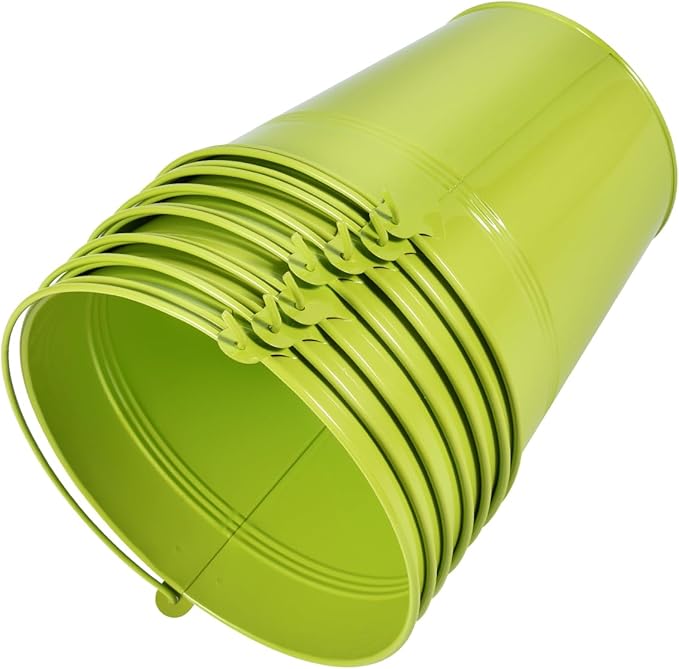 OBTANIM 7 Pack Green Metal Buckets with Handle Galvanized Ice Pails for Plants, Succulents, Party Favors Organizing, Rustic Home Decor or Classrooms Pencil Storage (7.1 x 5.2 inch)