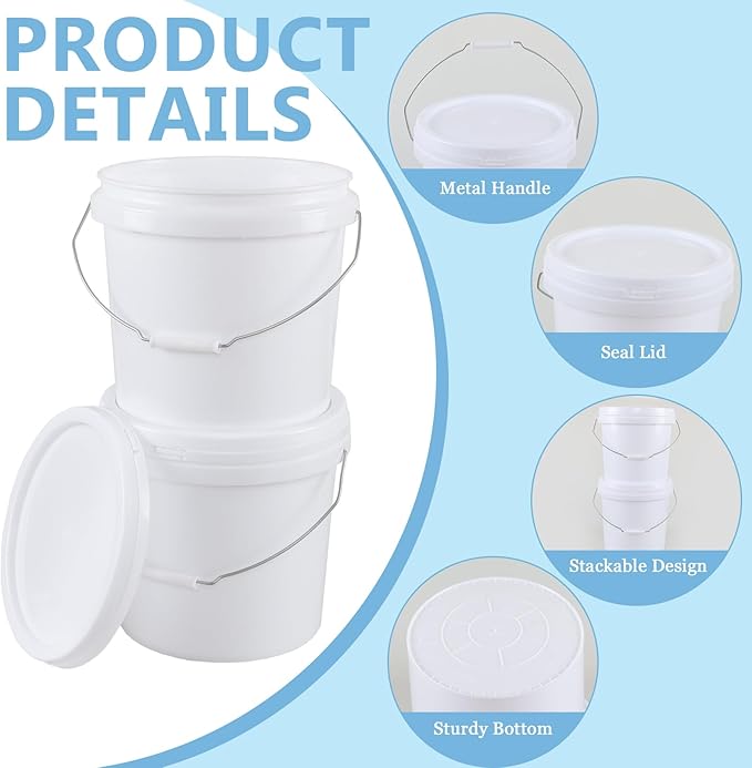 6 Pack 4 Gallon Plastic Storage Buckets Pails with Sealed Lids, Round Food Grade Buckets with Handle, White