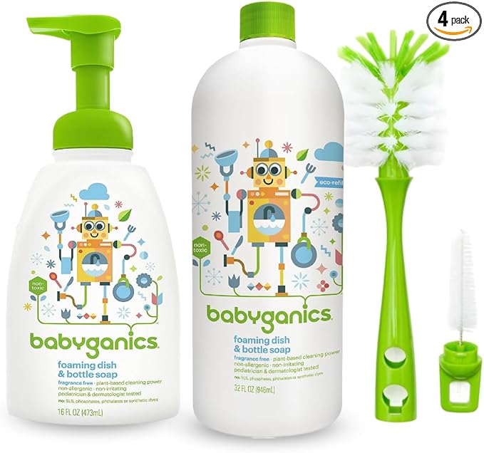 LuxProdX Baby ganics 16 Ounce Dish Dazzler Foaming Dish and Bottle Soap with Refill Kit BUNDLED with Two (2) Bottle Brushes BONUS