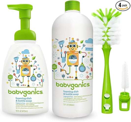 LuxProdX Baby ganics 16 Ounce Dish Dazzler Foaming Dish and Bottle Soap with Refill Kit BUNDLED with Two (2) Bottle Brushes BONUS