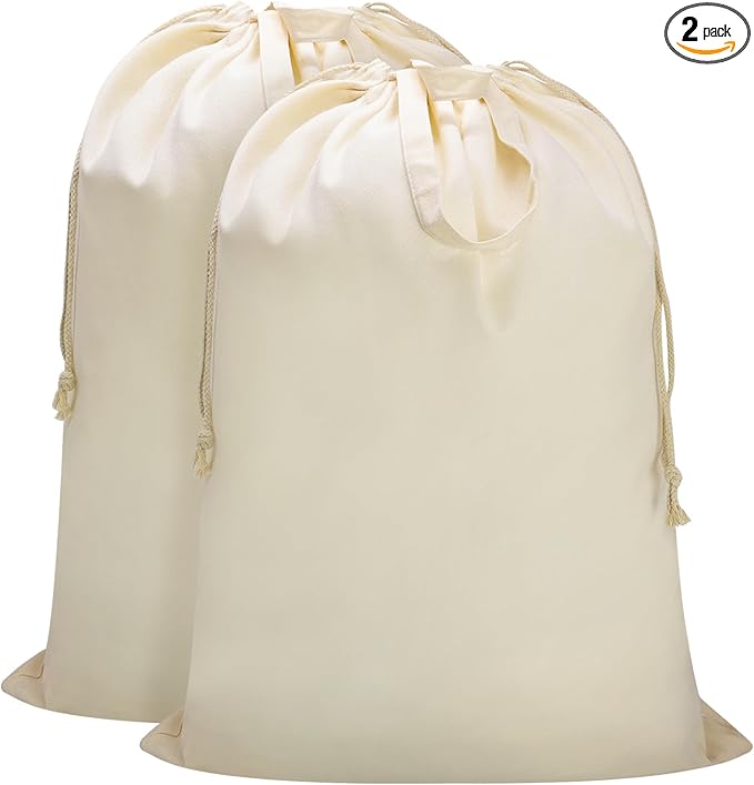 Canvas Laundry Bag with Handles & Drawstring Closure 27.5”x35", Thick Cotton Laundry Bag Heavy Duty Washable Dirty Clothes Travel Sack for Camp, College Dorm, Laundromat (Beige L, 2 Pack)