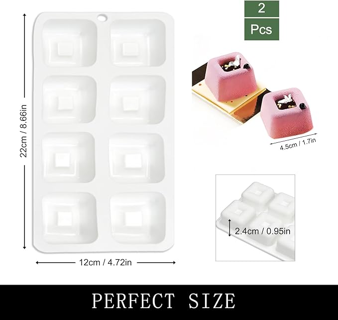 Chocolate Square Silicone Molds for Baking, Savarin Pan Mousse Cupcake 2 Packs with 16-Cavity 1.7" x 1.7" x 0.9" for Mini Cheesecakes Candy Desserts