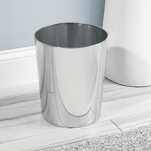 mDesign Round Metal Small 1.7 Gallon Recycle Trash Can Wastebasket, Garbage Container Bin for Bathrooms, Kitchen, Bedroom, Home Office - Durable Stainless Steel - Mirri Collection - Chrome