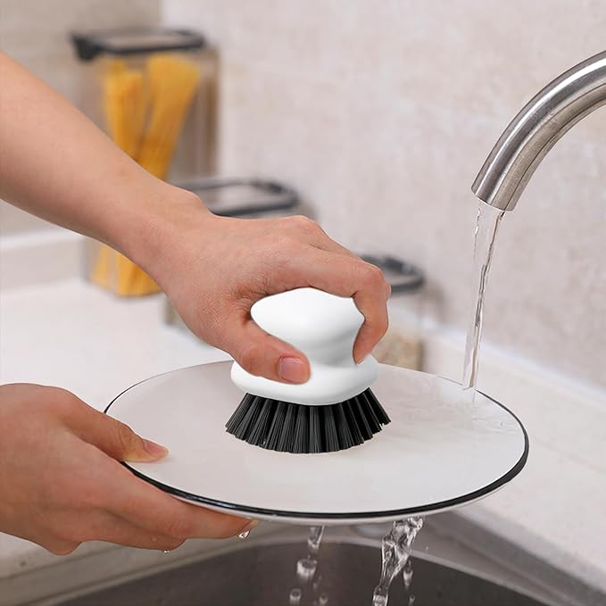 Dish Brush with Handle, Kitchen Scrub Brushes for Cleaning, Dish Scrubber with Nylon bristles for Sink, Pots, Pans(2Pack Black +2Pack White)