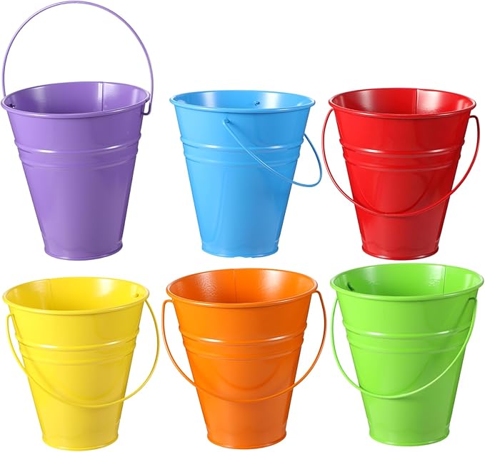 Sadnyy 6 Pack Galvanized Bucket, 5" Metal Bucket with Handles, Metal Buckets and Pails, Kids Party Supplies, Toy Container Table Centerpiece Decoration(Red, Orange, Yellow, Green, Blue, Purple)