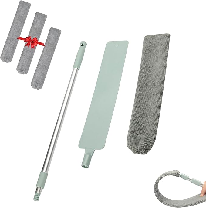 Flat Duster, Retractable Gap Dust Cleaning Artifact, Extendable Microfiber Duster with Bendable & Removable Head, Reusable Washable Dusting Wand for Home,Ceiling,Blinds (1Set)
