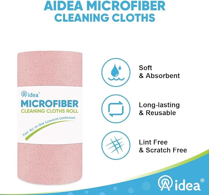 AIDEA Microfiber Cleaning Cloth 330 Sheets 6 Roll, Pink, Microfiber Towels for Cars, Shop Rags Washable,Cleaning Rags Reusable Paper Towels for Automotive, Mechanic, Workshops, House,11×9"
