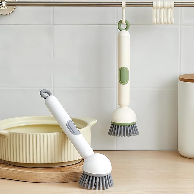 Adjustable Dish Brush with Soap Dispenser, Non-Scratch PET Bristles, Ergonomic Handle, Kitchen Cleaning Tool for Pots, Pans & Sink (Yellow, Combination Style (1 Long + 1 Short))