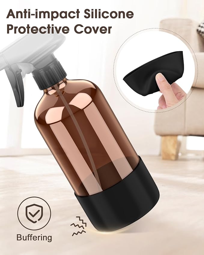 Glass Spray Bottle with Silicone Sleeve Protection, Amber Glass Spray Bottle Set for Window Cleaner Aromatherapy Facial Hydration Watering Flowers Hair Care 2 Pack/16 oz (Black & Orange, 16 oz)