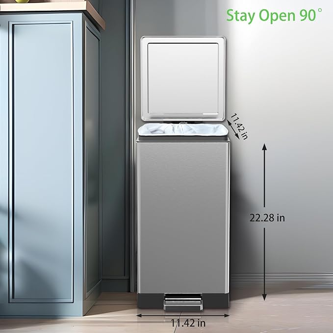 Trash Can with Lid - 30 Liter/8 Gallon Square Stainless Steel Trash Can with Odor Protection Kitchen Garbage Cans with Soft-Close Foot Pedal Step Bin for Bathroom Home Office Silver