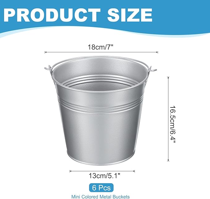 PATIKIL 7"x6.4" Small Metal Buckets with Handle, 6 Pcs Mini Galvanized Bucket Colorful Easter Buckets for Crafts Party Favors Decoration, Silver