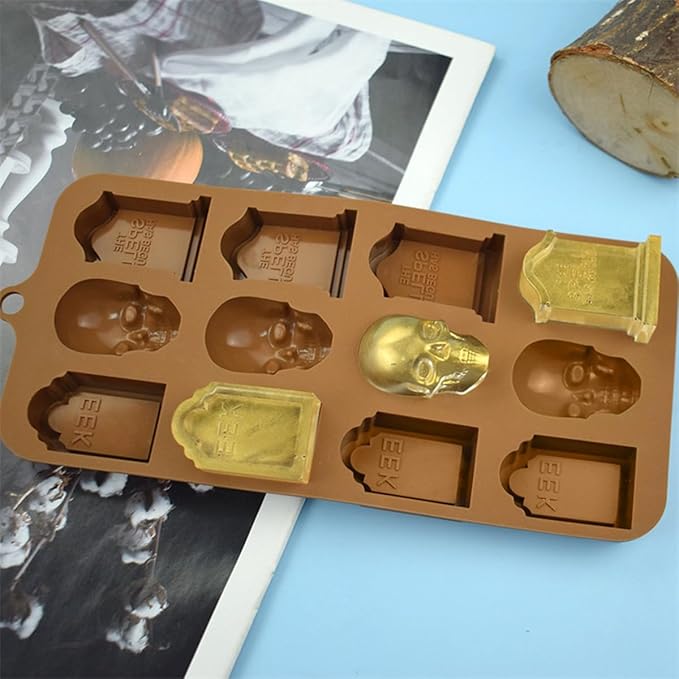 mostsom Chocolate Molds Halloween Molds Silicone for Chocolate 3D Halloween Candy Gummy Mold Skull Gravestone Shapes Mold (E_ 8.92x4.04x0.56 inch)
