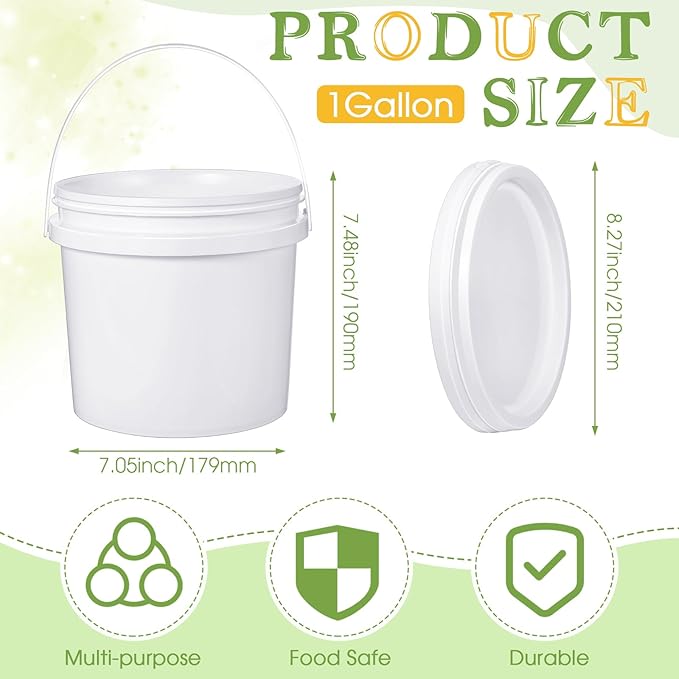 Leinuosen 8 Pcs Plastic Bucket with Handle and Lid Durable Heavy Duty Food Safe Bucket Pail Container for Multipurpose Storage Paint Art Crafts Projects, BPA Free(1 Gallon,White)