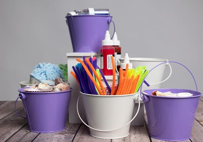 Small Metal Buckets with Handles - Leak-Proof Galvanized Pail - Multipurpose Tin Buckets for Party Favors, Organization, School, Weddings, Garden - Set of 6, White