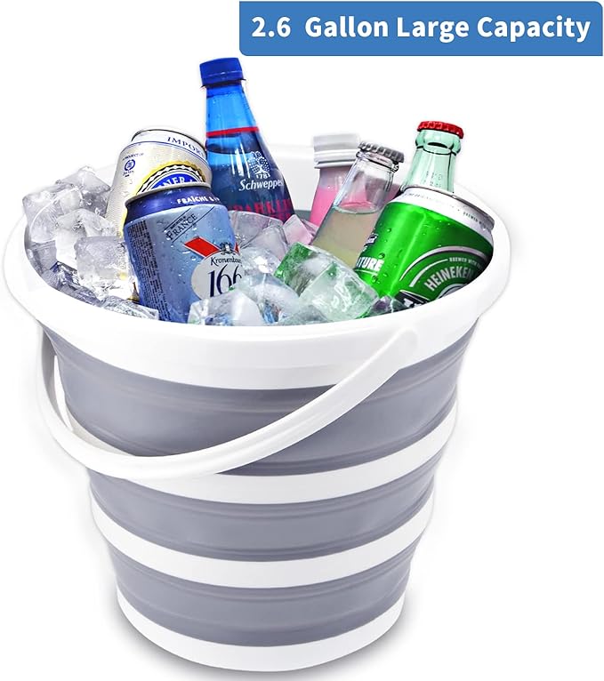 2 Pack Collapsible Buckets 10L 2.6 Gallon Cleaning Bucket Mop Bucket Folding Foldable Portable Small Plastic Water Supplies for Outdoor Garden Camping Fishing Car Wash Space Saving Grey and Blue