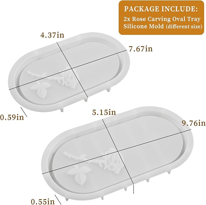 Wehous Oval Tray Molds for Resin Concrete, 2 Size Rose Carved Oval Silicone Mold, Tray Epoxy Resin Casting Mold for Jewelry Holder Bathroom Vanity Tray Candle Holder Storage Floral Crafts Gift