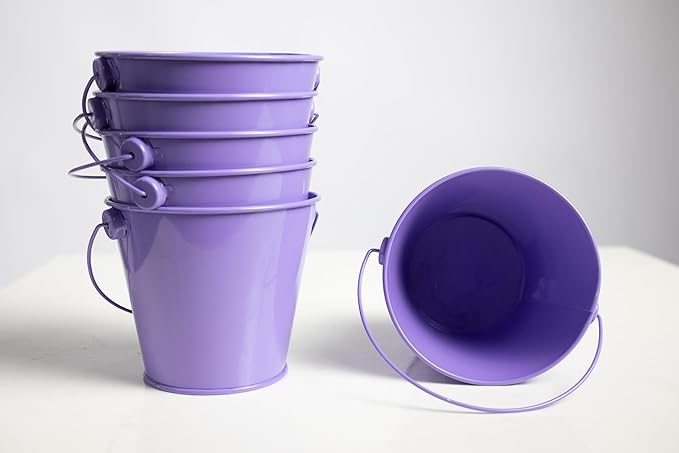 Small Metal Buckets with Handles - Leak-Proof Metal Pail Bucket - Galvanized Bucket with Handle - Multipurpose Tin Bucket for Party Favors, Organization, School, Weddings, Garden - Set of 6, Purple