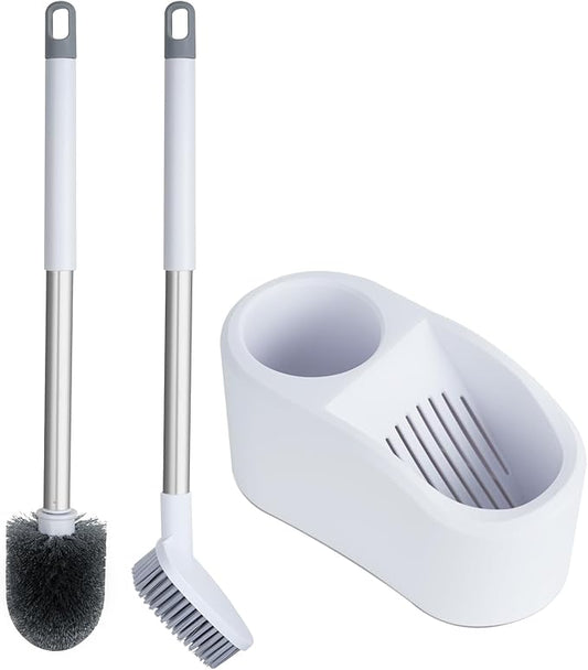 Toilet Brush and Holder Set, 1 Toilet Bowl Brush and 1 Scrub Brush, with Detachable Extra Long Handle,Durable Nylon Bristles,Toilet Scrubber Brush for Bathroom RV Cleaning