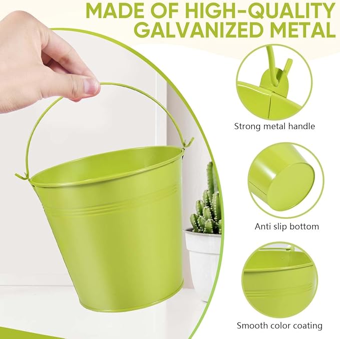 OBTANIM 7 Pack Green Metal Buckets with Handle Galvanized Ice Pails for Plants, Succulents, Party Favors Organizing, Rustic Home Decor or Classrooms Pencil Storage (6 x 4.4 inch)