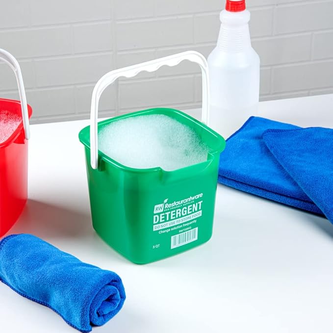 Restaurantware RW Clean 3 Quart Cleaning Buckets 10 Detergent Square Buckets - With Measurements Built-In Spout And Handle Green Plastic Utility Buckets For Home Or Commercial Use