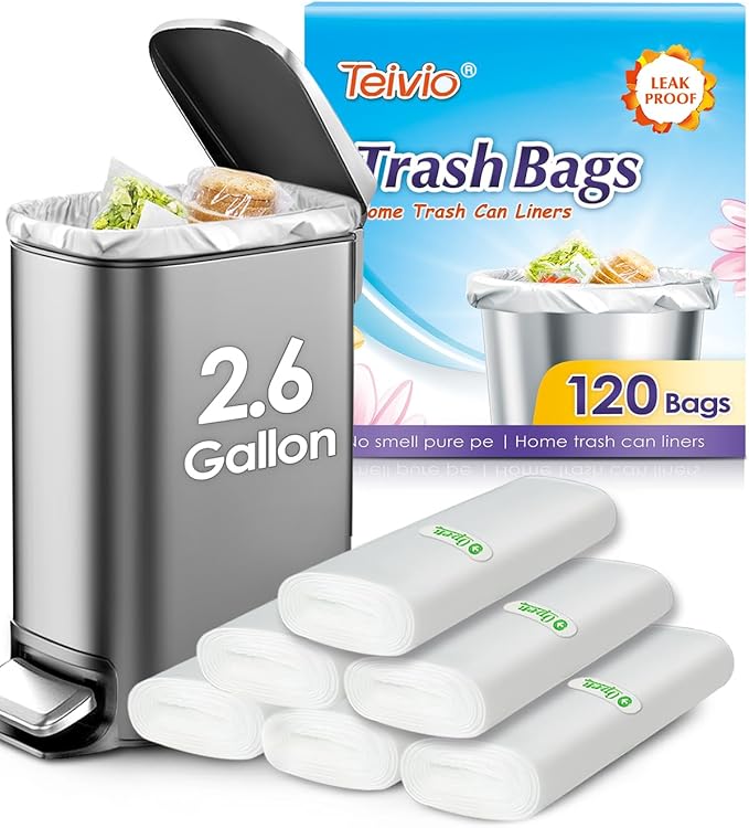 2.6 Gallon 120 Counts Small Trash Bags Garbage Bags by Teivio, Bathroom Trash Can Bin Liners, Small Plastic Bags for home office kitchen, Clear