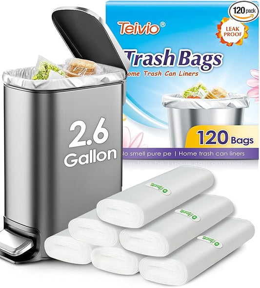 2.6 Gallon 120 Counts Small Trash Bags Garbage Bags by Teivio, Bathroom Trash Can Bin Liners, Small Plastic Bags for home office kitchen, Clear