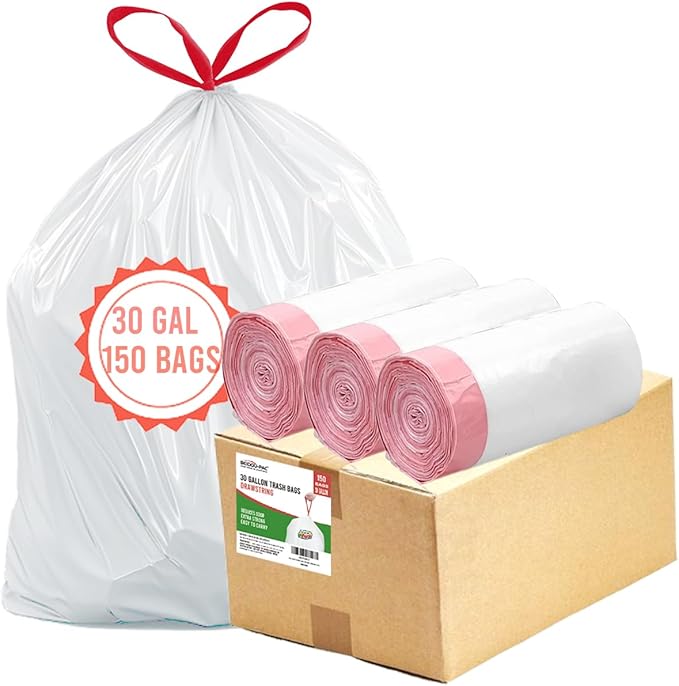 30 Gallon Trash Bags Drawstring, 150 Count, White | Unscented | Heavy Duty Multi-purpose Garbage Bags Can Liners for Business Home Kitchen Commercial and Industrial