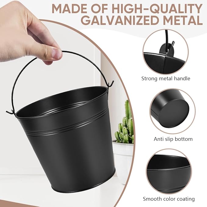OBTANIM 7 Pack Black Metal Buckets with Handle Galvanized Ice Pails for Plants, Succulents, Party Favors Organizing, Rustic Home Decor or Classrooms Pencil Storage (6 x 4.4 inch)