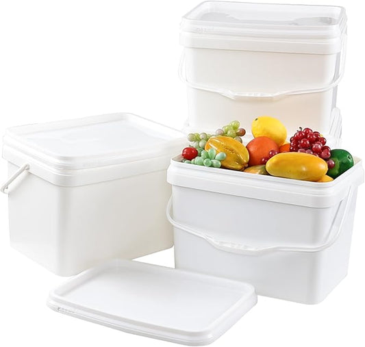 Ramddy 5 Gallon Rectangular Plastic Food Bucket with Sealed Lid, Food Grade, 4 Pack Pail Container with Handle, White