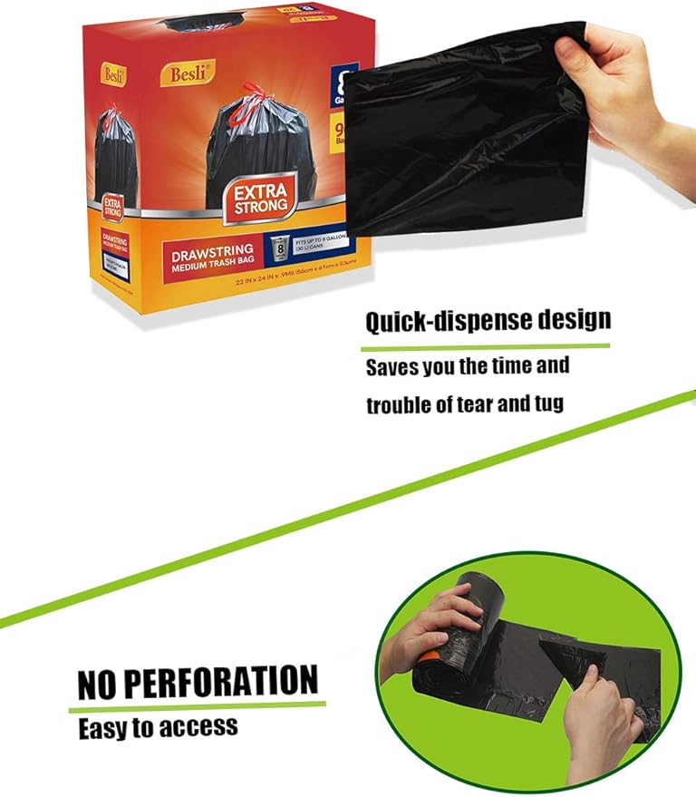 Besli 8 Gallon Black Drawstring Trash Bag Garbage Bag Trash Can Liner,0.9 Mil,90 Counts