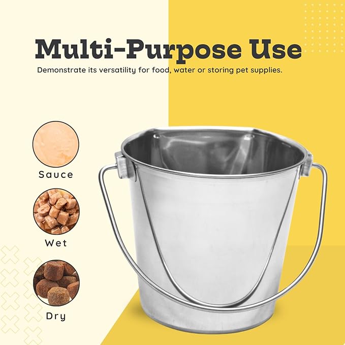 6 Quart Stainless Steel Flat Side Bucket | Durable Heavy Duty Food & Water Feeding Pails for Dog Cat Goat Sheep | Fits kennels Cages Critter Crates Hanging Pet Pail | Multipurpose Buckets