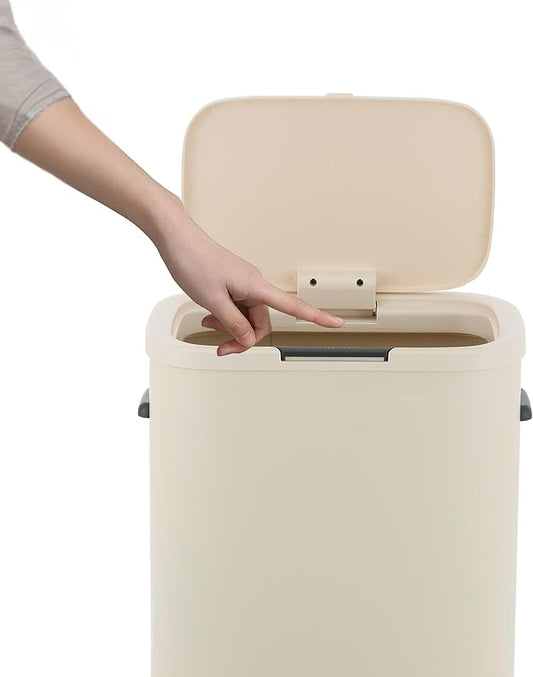 happimess HPM1017D Tammi Kitchen 14.5-Gallon Slim Metal Push Button Trash Can, Fingerprint Resistant, Modern, Minimalistic for Home, Kitchen, Laundry Room, Office, Bedroom, Bathroom, Limestone Beige