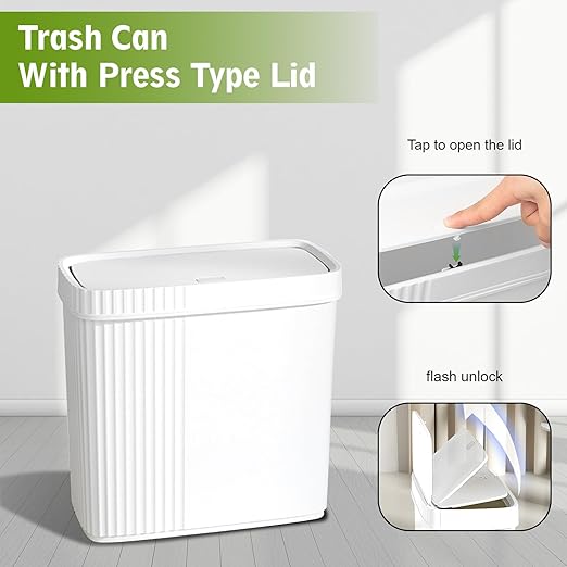 UUJOLY Small Bathroom Trash Can with Lid Slim Wastebasket Garbage Can Plastic Container Basket Trash Bin for Kitchen, Laundry Room, Office, Kids Room, Dorm, White, 2.4 Gallon, 2 Pack