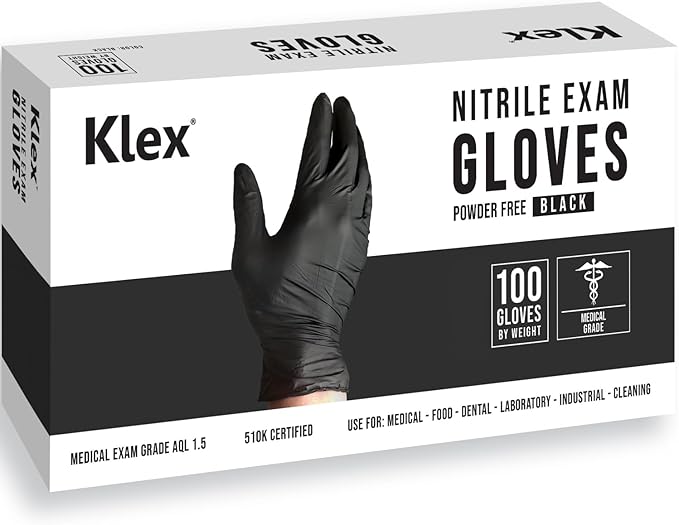 Klex Nitrile Exam Gloves - Medical Grade, Powder & Latex Free, Food Safe, Black, 100, 1000 Count, S, M, L, XL
