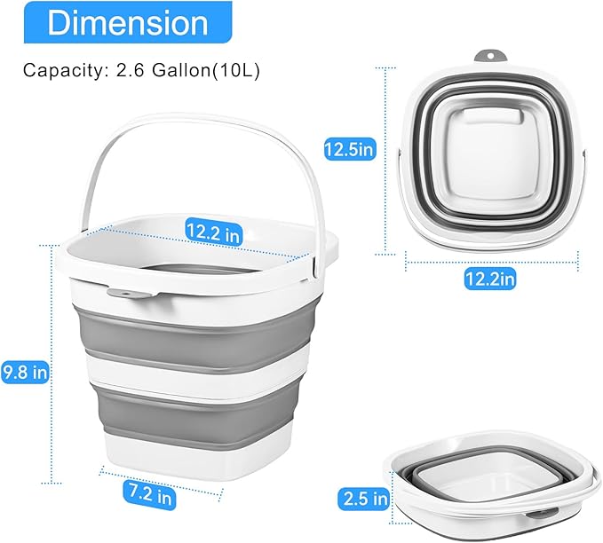 2 Pack 2.6 Gallon(10L) Collapsible Plastic Buckets with Handle Compact Cleaning Square Storage Bucket Portable Water Tub Outdoor Water Pail for Garden Hiking Fishing Camping (White)