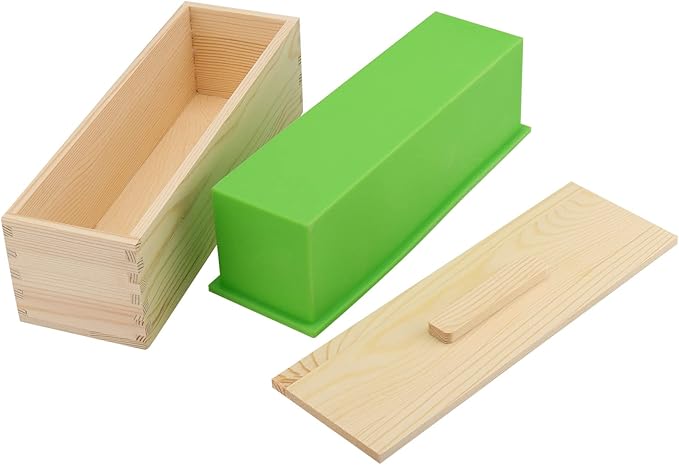 KEILEOHO 4 PCS 42oz Soap Molds Loaf with lid, Large Wooden Soaps Molds, Flexible Rectangular Silicone Soap Mold for Soaps, Cake, DIY, Green