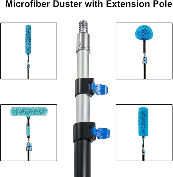 High Ceiling Fan Duster with 5-8 Foot Extension Pole, Extendable Reusable Cobweb, Feather, Window Cleaning Squeegee Kit