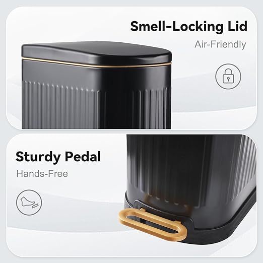 Slim Bathroom Trash Can with Lid Stainless Steel Garbage Can Soft Close Step Trash Bin with Removable Inner Bucket for Bedroom, Office, Kitchen (Matt Black, 3.5 Gallons)