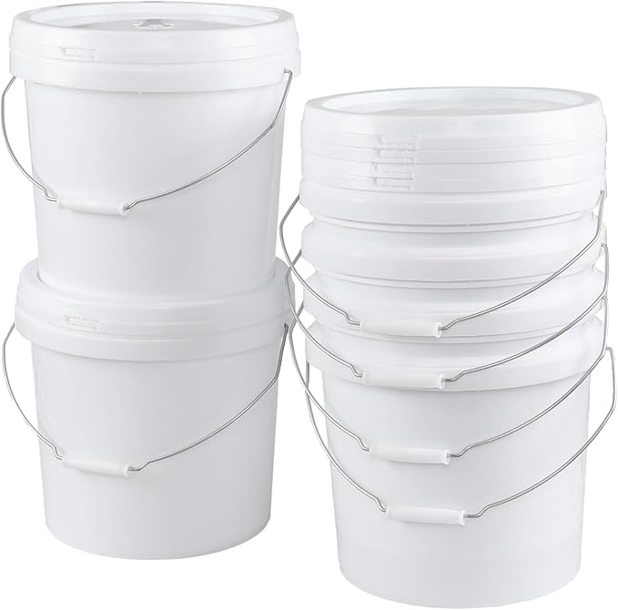 Ramddy 4 Gallon Airtight Round Storage Bucket Pails, 6 Packs Food Grade Storge Buckets with Handle, White