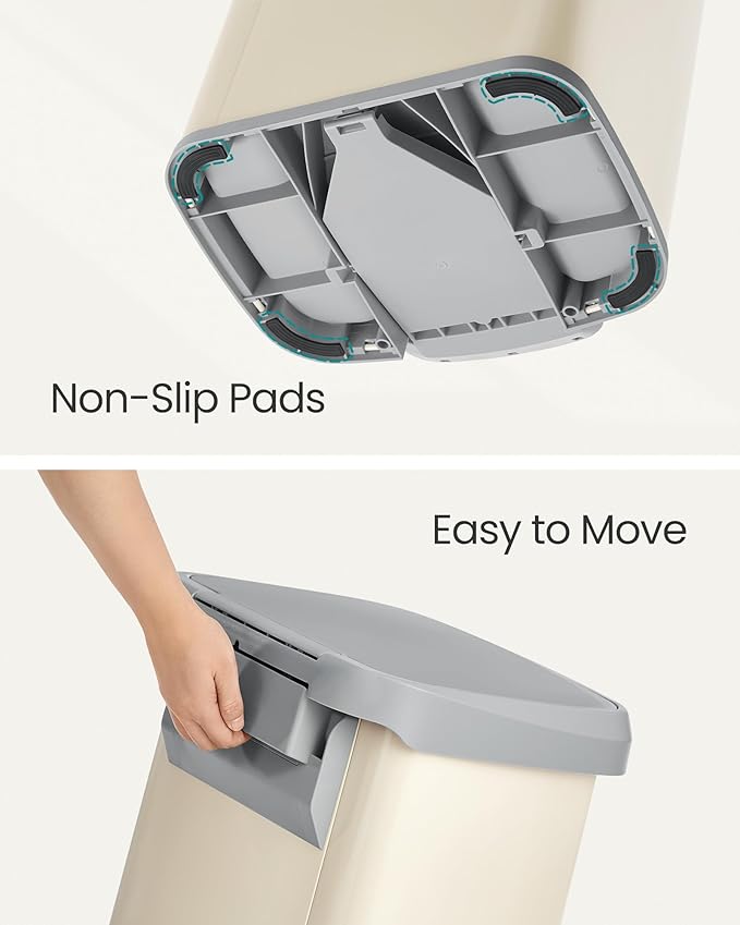 SONGMICS Kitchen Trash Can, 18-Gallon Stainless Steel Garbage Can, with Stay-Open Lid and Step-on Pedal, Soft Closure, Tall, Large and Space-Saving, Sand Beige and Dove Gray ULTB520A01