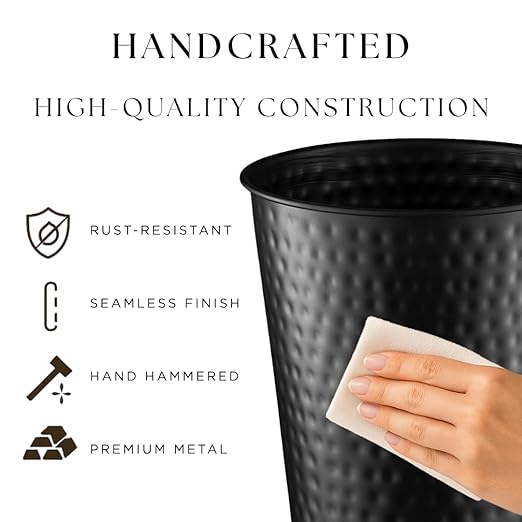 Monarch Abode Black Hand Hammered Metal Wastebasket for Home Office Bedroom, Decorative Waste Basket, Modern Bathroom Garbage Can, Durable & Decorative Trash Bin, Black Bathroom Trash Can