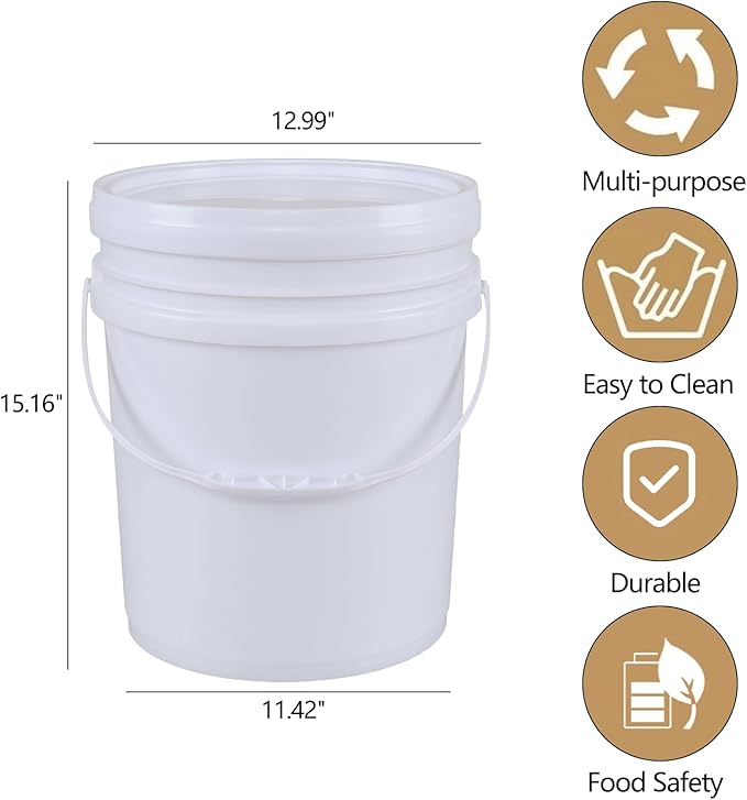 6.6 Gallon White Plastic Bucket with Lid, Round Food Grade Bucket Pail, 4-Pack