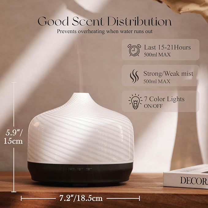 Porseme 500ml Glass Essential Oil Diffuser Aromatherapy Ultrasonic Cool Mist Humidifier 15-21 Running Hours Waterless Auto-Off Air Diffusers for Sleeping Yoga Office Working Spa and Rest (Pure White)