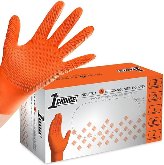 1st Choice 6 mil Orange and Green Nitrile Gloves, Disposable, Latex Free Raised Diamond Grip Mechanic Glove for Men and Women