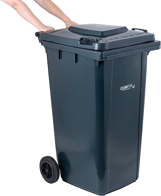 Restaurantware-Clean Tek Professional 32 Gallon Trash Can With Wheels, 1 Garbage Can With Lid - Step-On Attachment Sold Separately, Rectangle, Gray Plastic Dustbin, Long-Lasting, For Outdoor