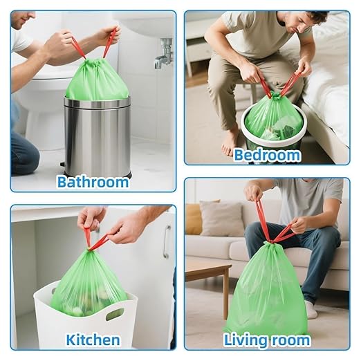 OKKEAI 2.6 Gallon Bathroom Drawstring Trash Bags, 60 Count Small Green Garbage Bags, Heavy Duty Tear-Resistant & Leak-Proof Wastebasket Liners for Kitchen, Bathroom, Office