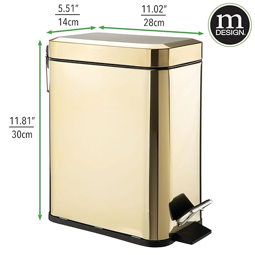 mDesign Small Modern 1.3 Gallon Rectangle Metal Lidded Step Trash Can, Compact Garbage Bin with Removable Liner Bucket and Handle for Bathroom, Kitchen, Craft Room, Office, Garage - Soft Brass