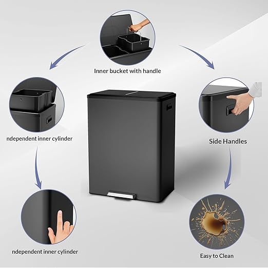 GarveeHome Step Dual Trash Can, 60L/16 Gallon Recycle Bins with Lid, 2 Removable Wastebusket, Step Pedal, Large Stainless Steel Double Trash Bin for Kitchen, Bathroom