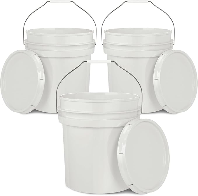 5-Gallon White Bucket Pail Container with Lid | Food Grade | Heavy-Duty Extra Durable | Metal Handles with Plastic Grip for Easy Carrying | Multi-Use | Easy Stack and Store | BPA Free - 3 Pack